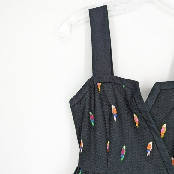 Kate Spade Flock Party Dress 0 Black Parrot Jacquard Fit N Flare Mock Wrap Mini - Picture 3 of 15